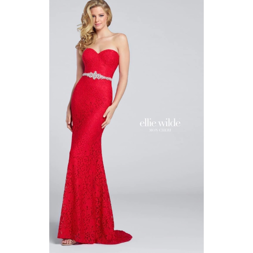 Ellie Wilde MAKE AN OFFER red lace off shoulder prom pageant evening dress